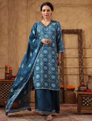 Teal blue cotton silk kurti with matching dupatta