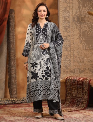 Black and white printed cotton silk kurti set with sequins embellishment