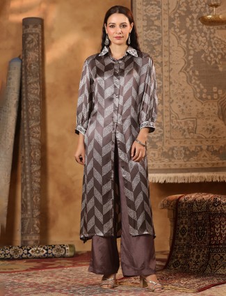 Brown printed satin silk festive wear kurti set