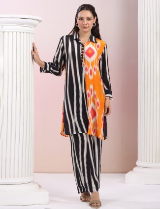 Black satin silk printed kurti set