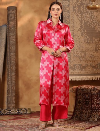 Red printed satin silk kurti set for festivals