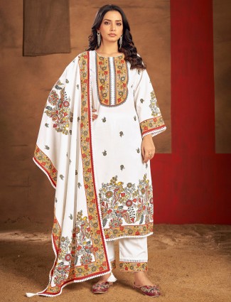 White printed cotton silk full sleeve kurti set