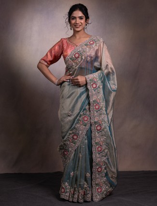 Pastel blue tissue silk partwear saree with zari weaving