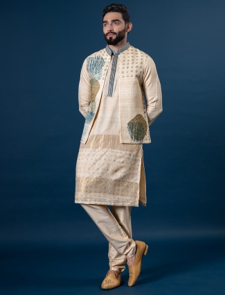 Shiney cream raw silk wedding style waistcoat set for men