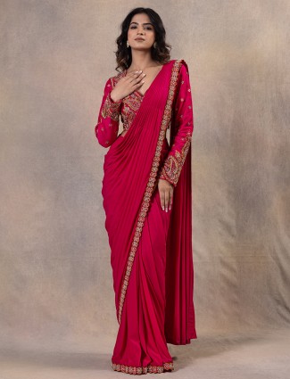 Rani pink ready to wear silk embroidered saree