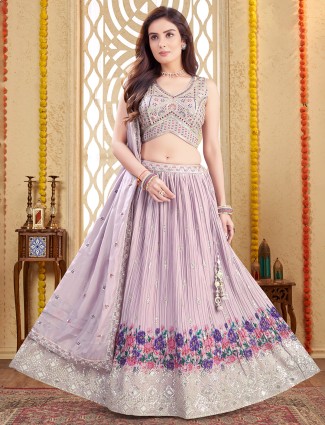 Lilac purple printed silk lehenga choli for reception