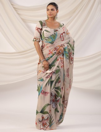 Beige printed satin saree for festive