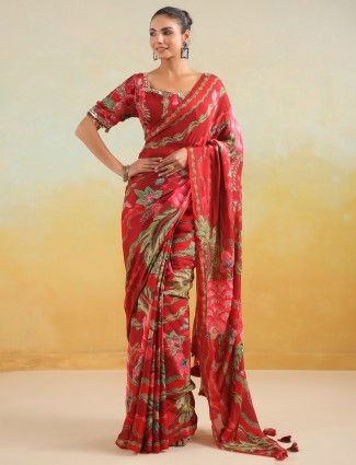 Red party wear satin silk printed saree