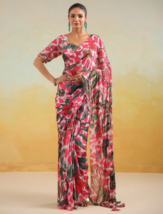 White and pink printed satin silk saree