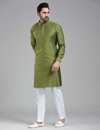 Wondeful dark olive simple festive wear kurta with pajama for men