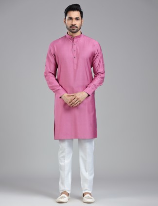 Dark pink plain kurta pajama set with mendarin collar for men