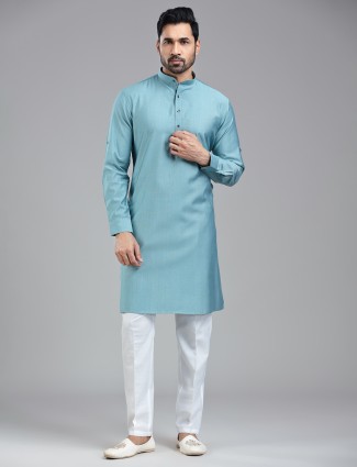 Latest firozi blue solid festive wear kurta suit for men