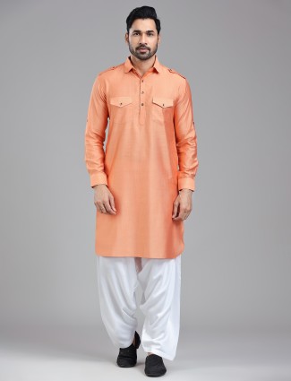 Refreshing salmon peach pathani kurta suit for men