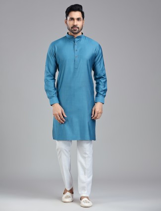 Moonstone blue simple kurta suit with mendarin collar for men
