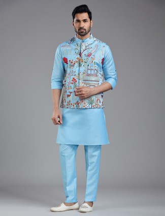 Traditional firozi blue kurta jacket set for wedding