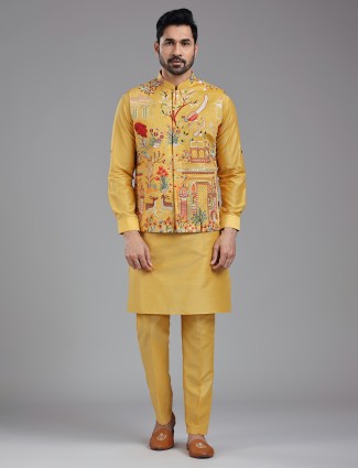 Impressive yellow satin silk waistcoat set for men