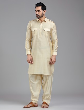 Refined elegance almond beige pathani kurta suit for men