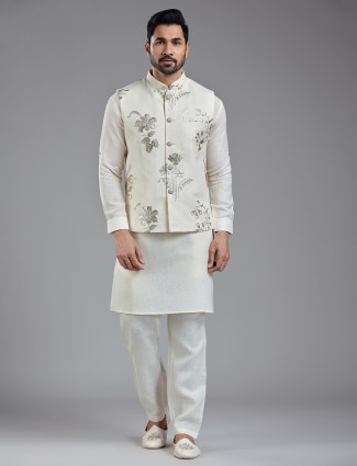 Traditional cream cotton linen kurta jacket set for men