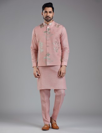 Shiny onion pink kurta jacket set with resham