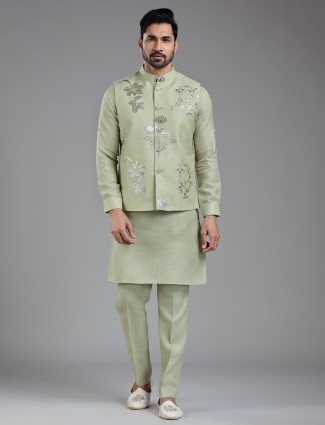 Impressive pista green cotton linen waistcoat set for men