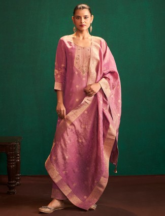 Printed pink cotton silk quarter sleeve kurti set for women