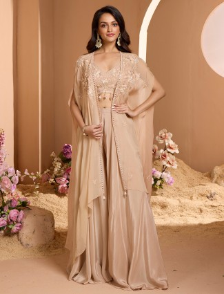 Designer palazzo suit in beige cotton silk for a joyful occasion