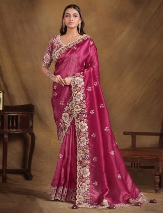 Rani color silk saree for party wear
