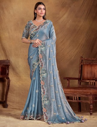 Trendy pastal blue satin silk saree