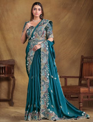 Satin silk peacock blue saree for wedding