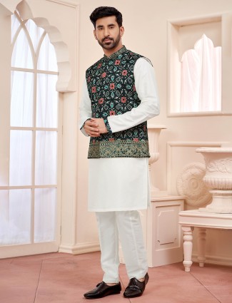 Stylish white and green waistcoat set for weddings and festivals