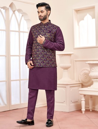 Royal dark purple waistcoat set with intricate embroidery