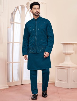 Vibrant rama blue waistcoat set for a stylish appearance