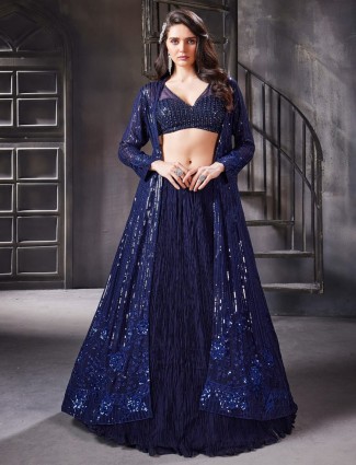 Latest navy silk jacket style lehenga choli for women