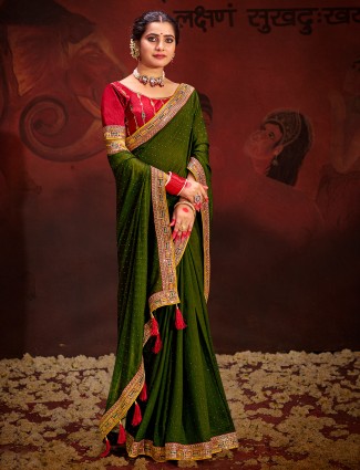Stylish dark olive saree in silk