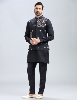 Modern black printed cotton kurta jacket set for men