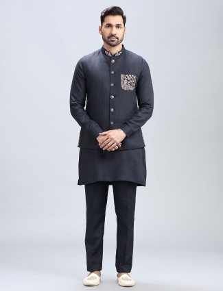 Navy blue printed cotton kurta jacket set for men