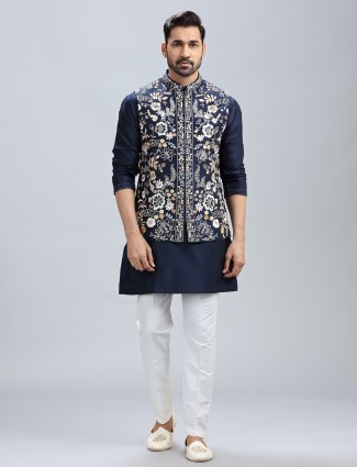 Navy blue shaded cotton silk kurta jacket set for men