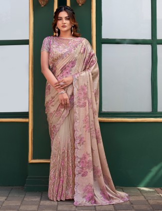 Beige party saree in velvet with delicate shine