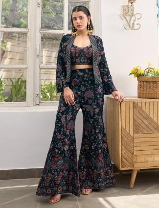 Navy georgette palazzo suit with elegant embroidery