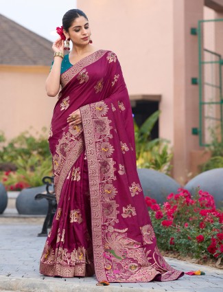 Festive maroon dola silk saree with zari weaving