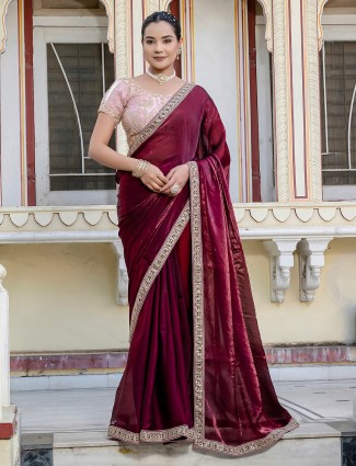 Embellished maroon saree in smooth satin silk