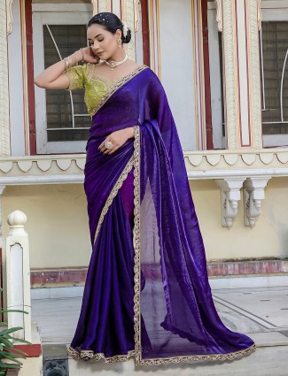 Embellished navy blue satin silk party wear saree