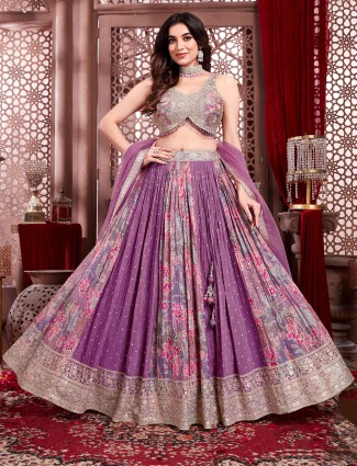 Elegant purple printed lehenga choli with zari detailing