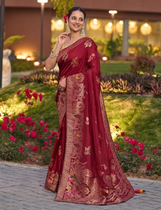 Elegant red dola silk saree with stone zari