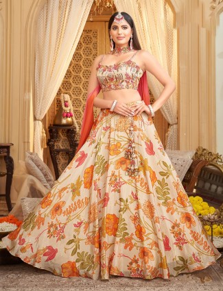 Printed beige silk lehenga choli for celebrations