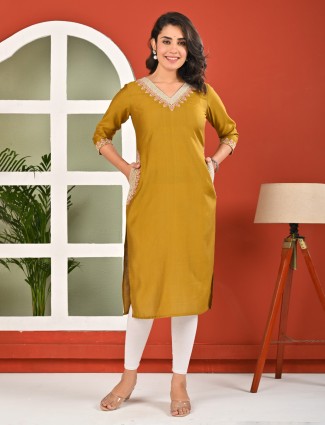 Mehandi yellow cotton silk kurti with embroidery