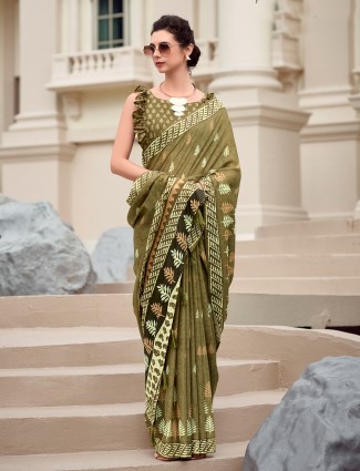 Dark olive malmal printed silk saree