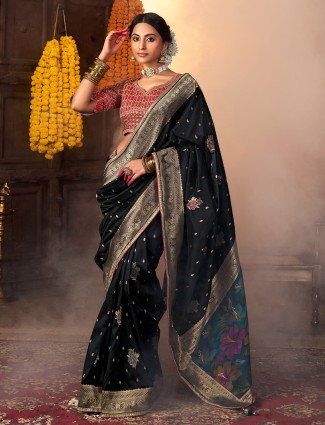 Navy silk saree paired with red blouse