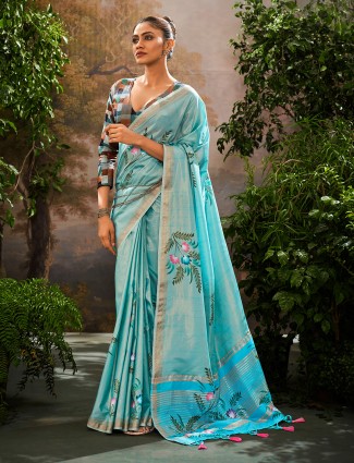 Aqua linen saree with floral print