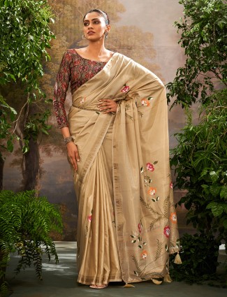 Beige linen saree with printed pattern
